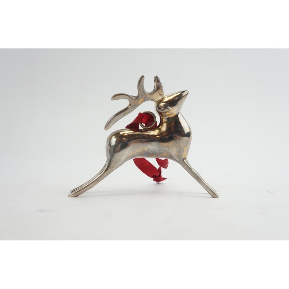 Vintage Pottery Barn Reindeer Ornament Small Silver Red Ribbon‎ VGC - Picture 3 of 5